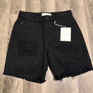 KanKan Black Distressed Denim Shorts